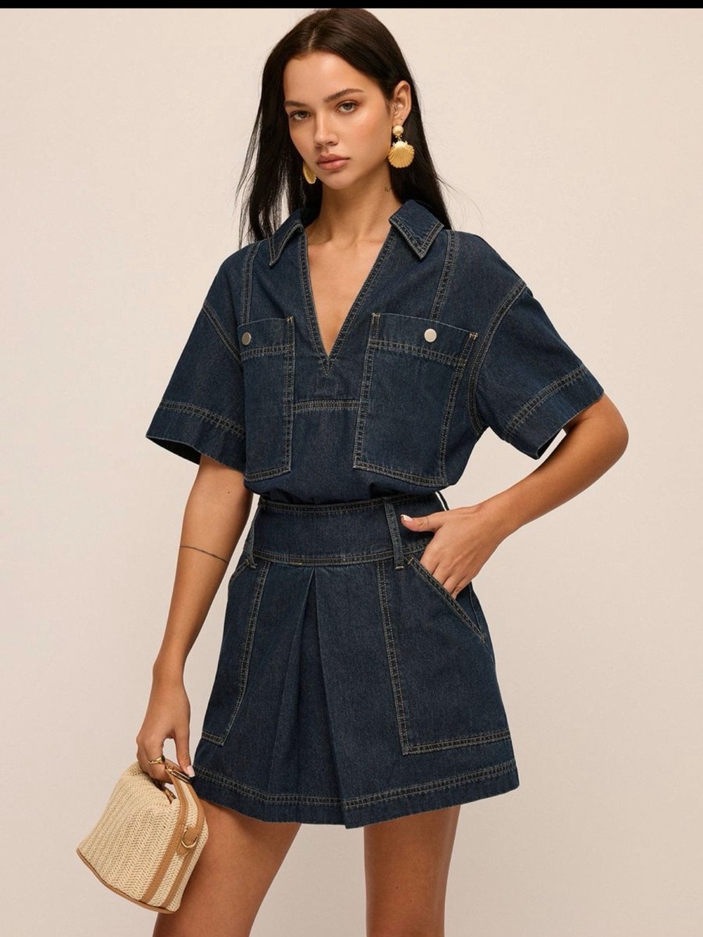 Commense Denim Short Sleeve Blouse & Skirt Set - Picture 3 of 6